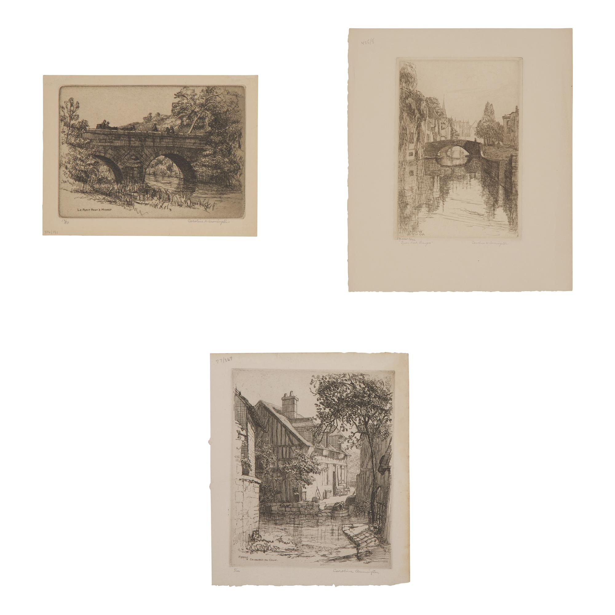Caroline Helena Armington (American, 1875–1939) — Le Petit Pont a Moret , 1917; Together with Quoi Vert, Bruges , 1908 ; and Ferme a Caudebec-en-Caux , 1921 (Three Works)