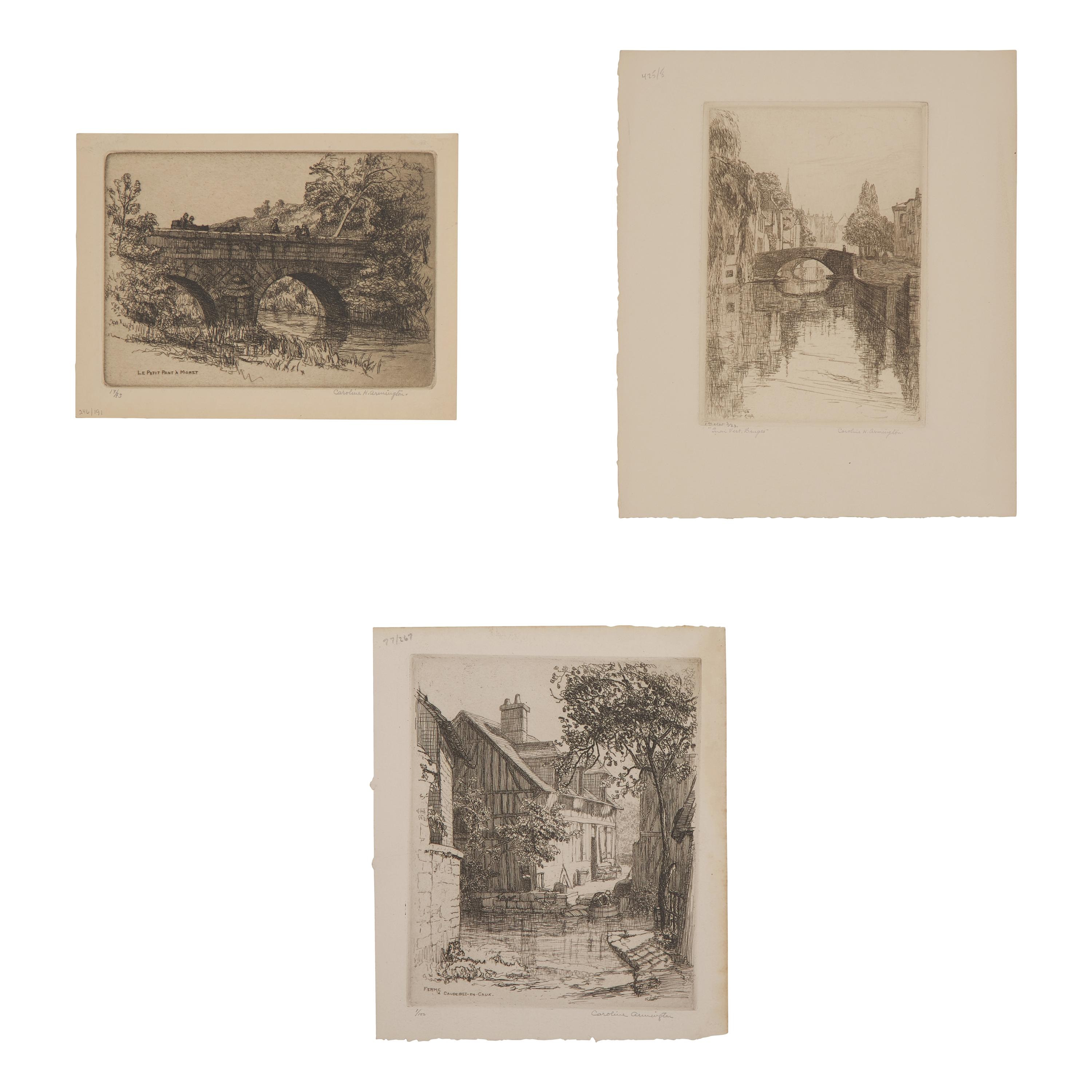 Caroline Helena Armington (American, 1875–1939) — Le Petit Pont a Moret , 1917; Together with Quoi Vert, Bruges , 1908 ; and Ferme a Caudebec-en-Caux , 1921 (Three Works)