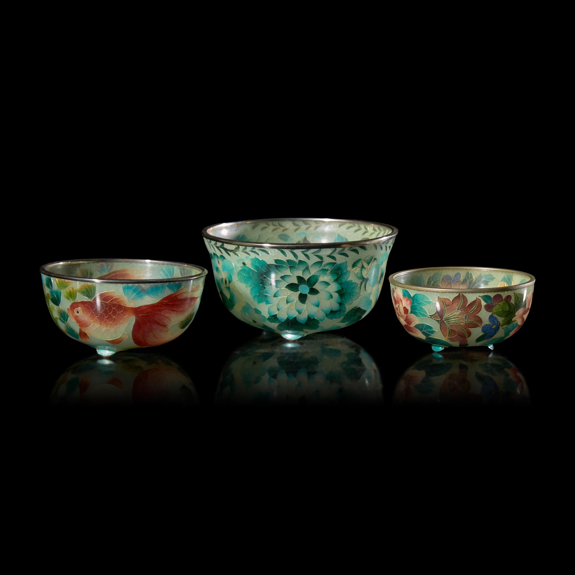 Three Small Japanese Plique a Jour Bowls, Possibly Inaba