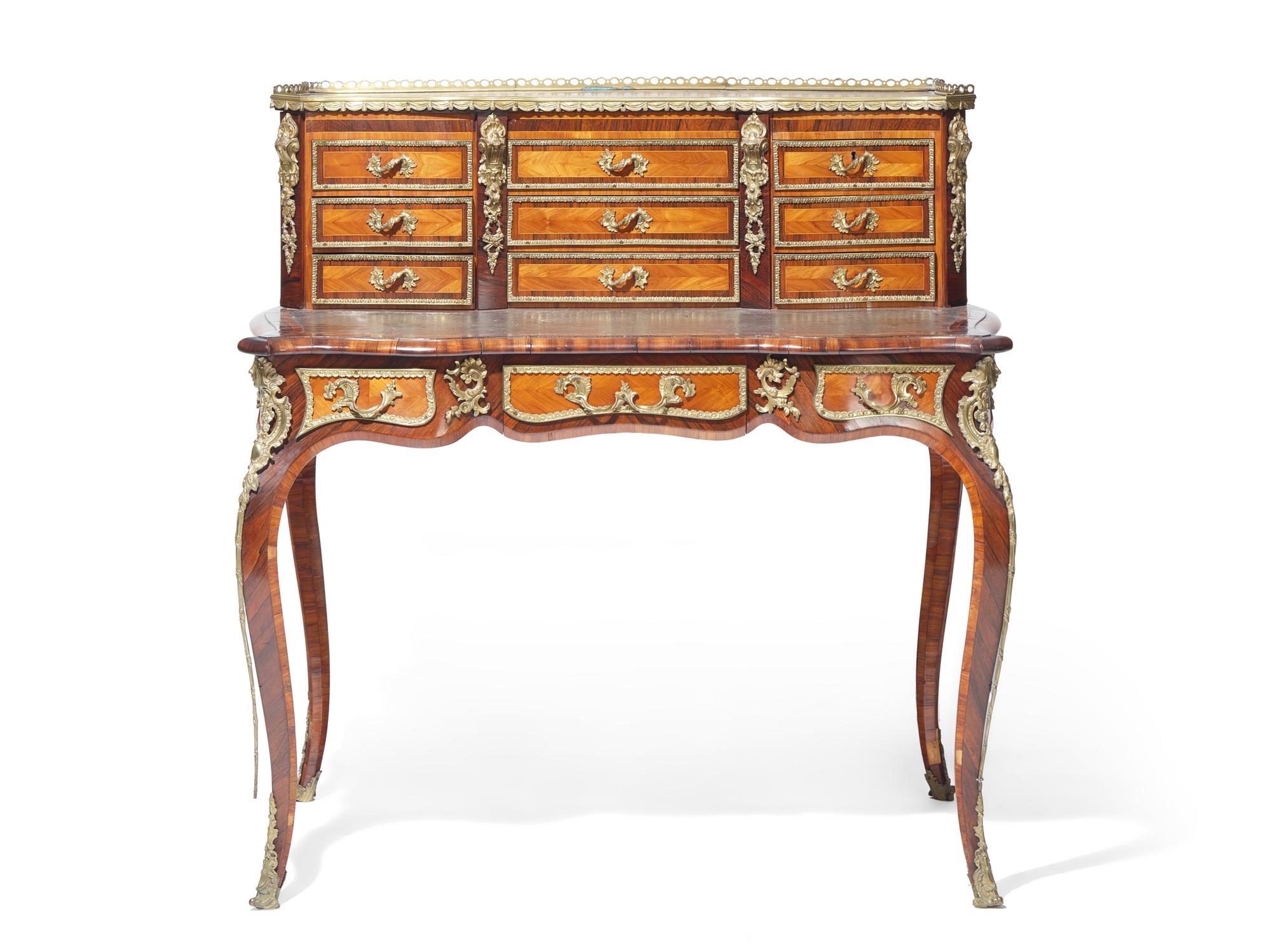 A Louis XV/XVI Transitional Style Bronze Mounted Kingwood Bureau Plat and Cartonnier