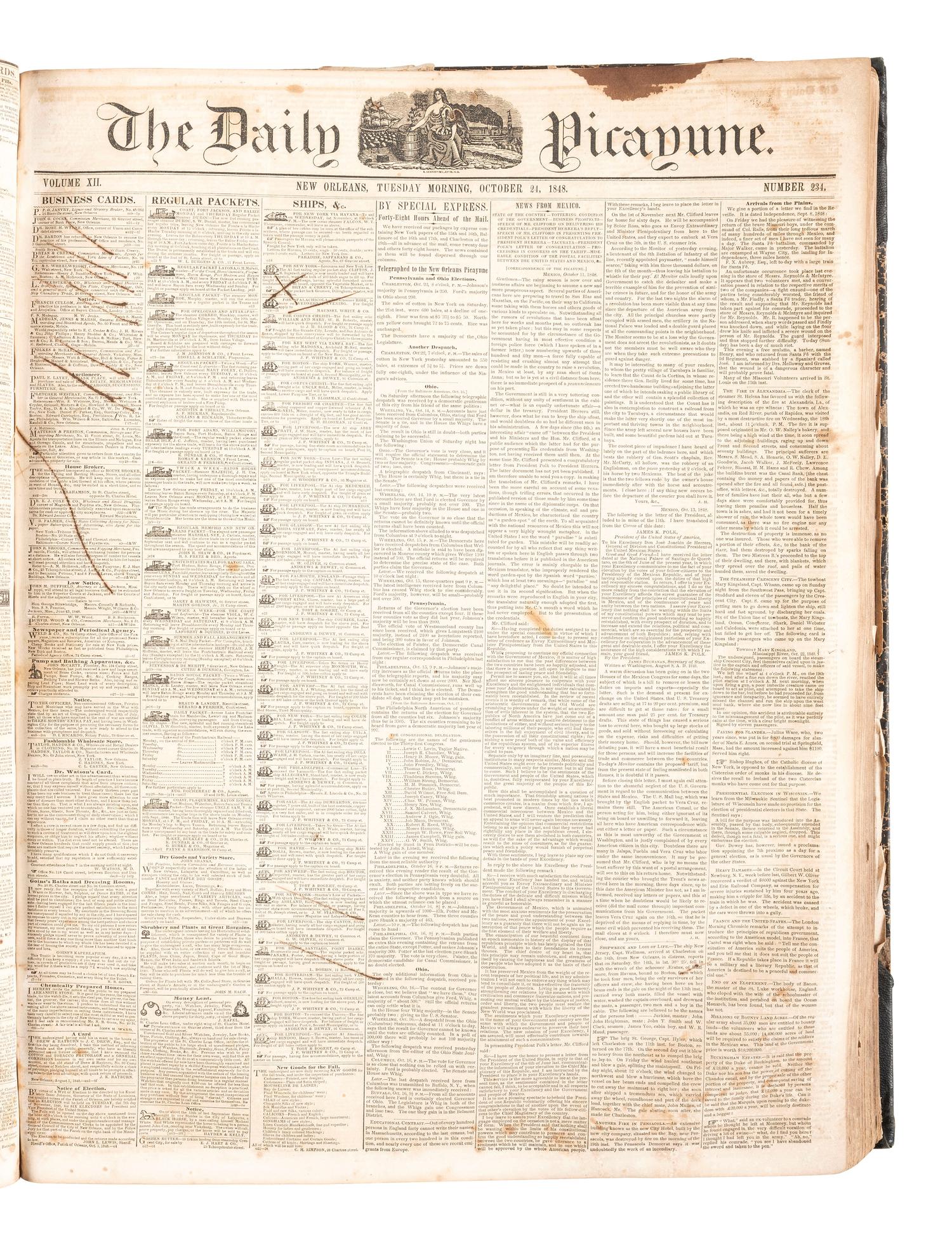 [LOUISIANA -- SLAVERY & ABOLITION]. The Daily Picayune. 763 issues in 5 bound volumes. New Orleans, LA: Lumsden, Kendall, & Co., 1842, 1843, 1848, 1851, 1852.