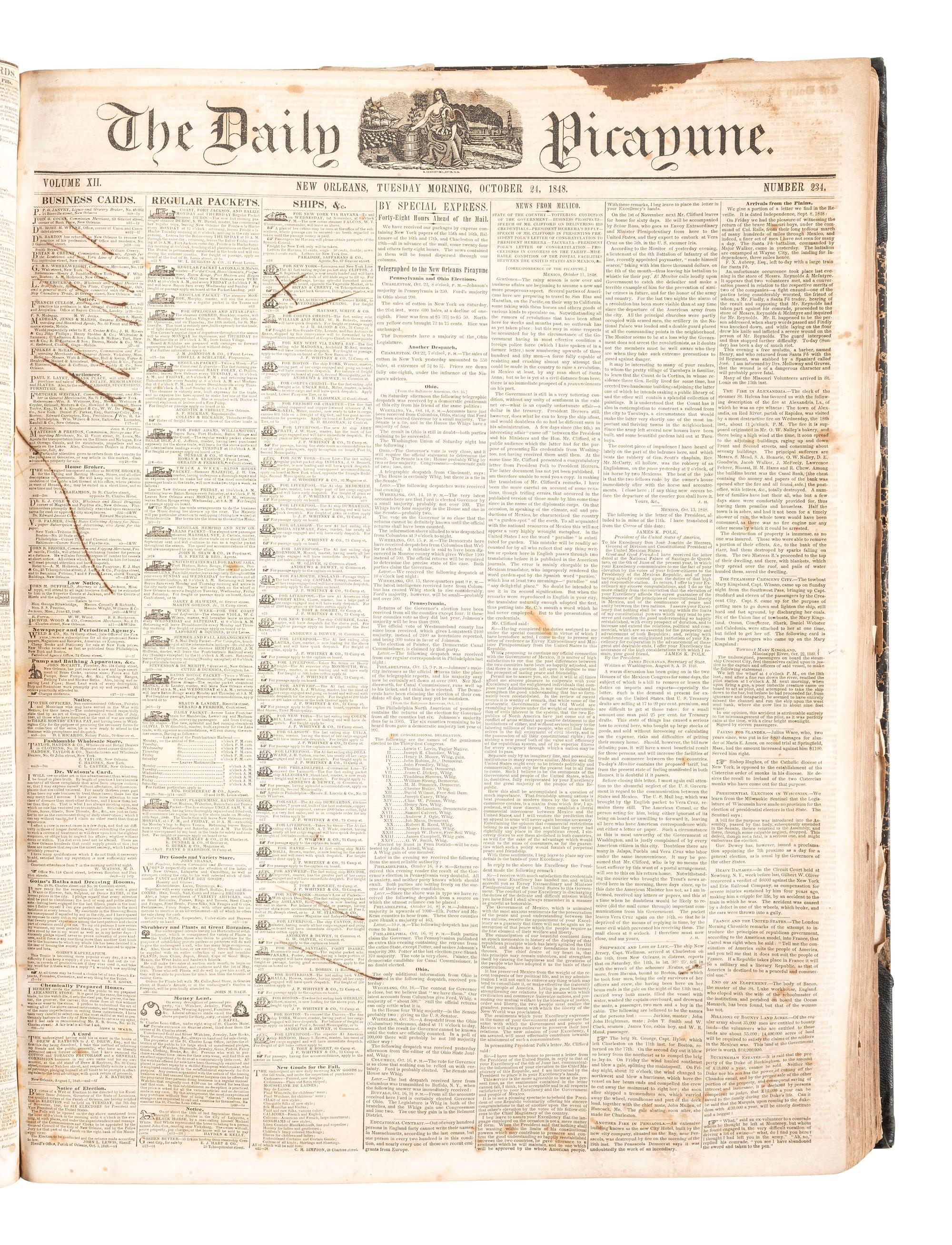 [LOUISIANA -- SLAVERY & ABOLITION]. The Daily Picayune. 763 issues in 5 bound volumes. New Orleans, LA: Lumsden, Kendall, & Co., 1842, 1843, 1848, 1851, 1852.