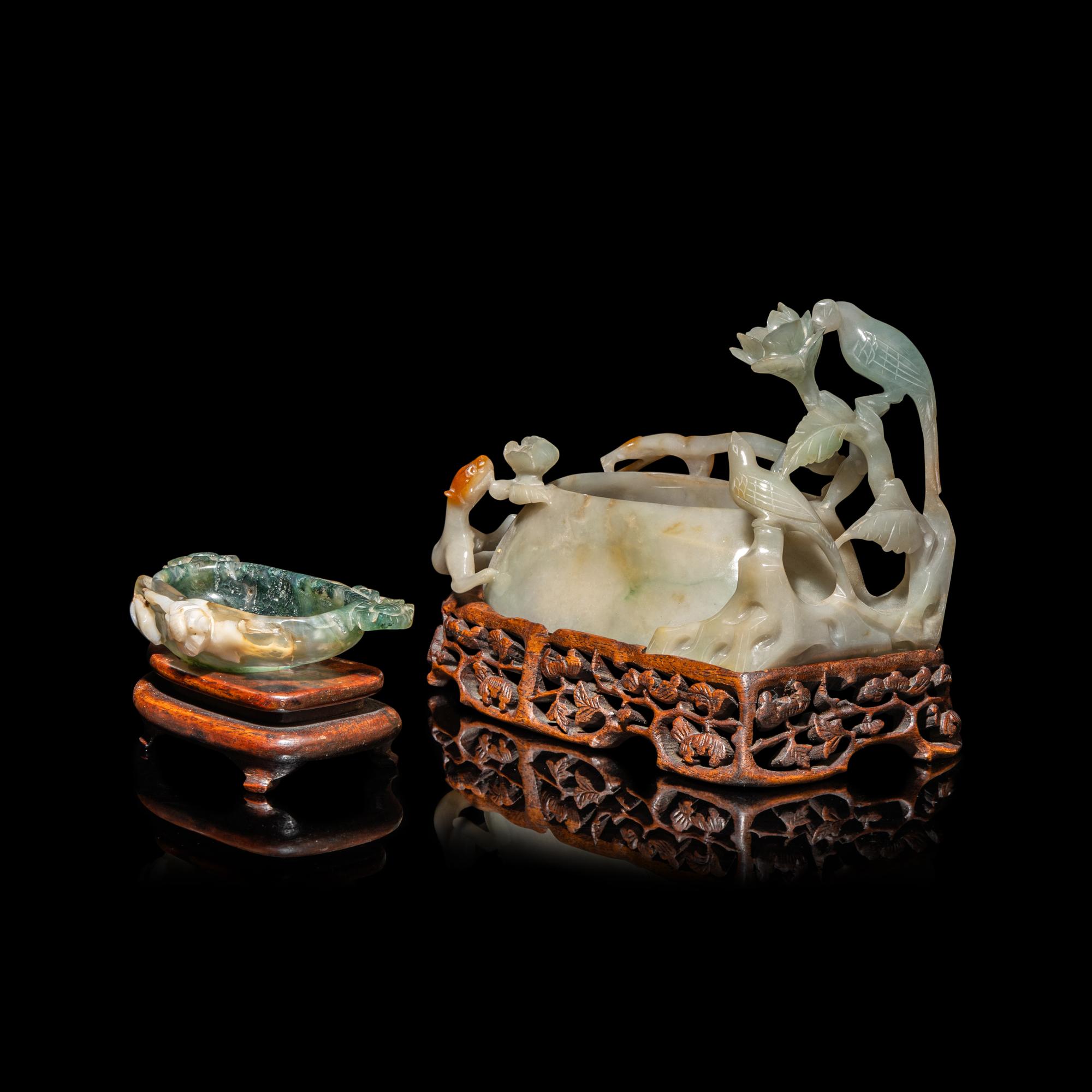 Two Chinese Carved Precious Stone Brush Washers, Xi