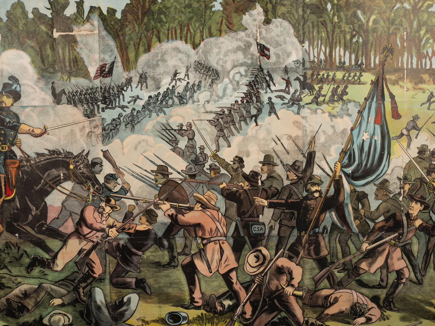 [CIVIL WAR]. Exceptionally large woodcut panorama of a battle scene. Hartford, CT: Calhoun Printing Co., n.d.