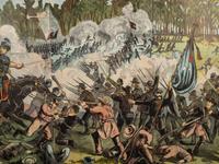 [CIVIL WAR]. Exceptionally large woodcut panorama of a battle scene. Hartford, CT: Calhoun Printing Co., n.d.