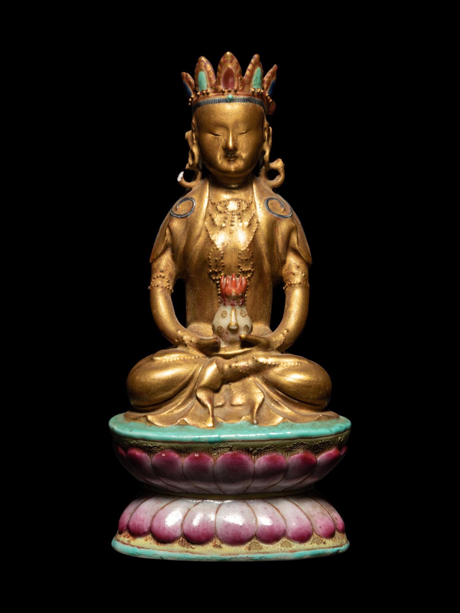 A Chinese Gilt Decorated Famille Rose Porcelain Figure of Amitayus Buddha