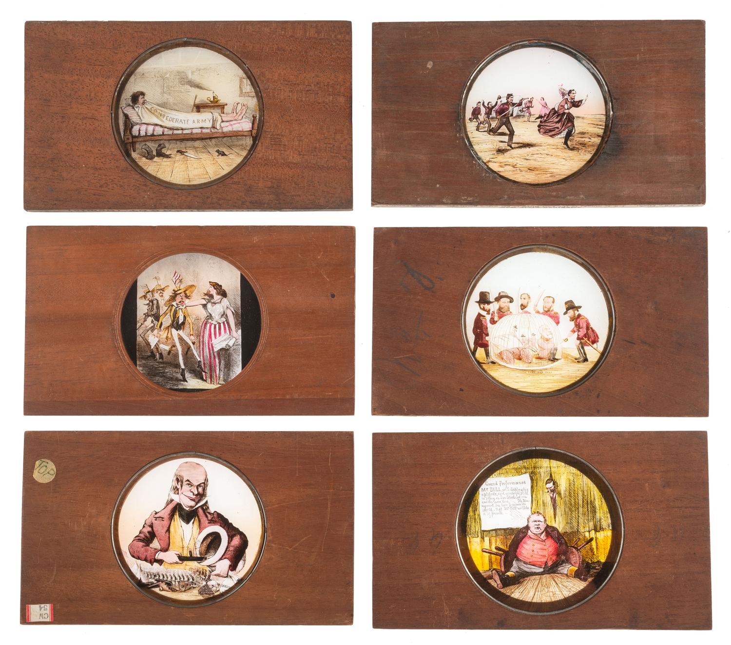 [CIVIL WAR - MAGIC LANTERN SLIDES]. A collection of 148 hand-colored glass slides featuring illustrations of Civil War military and political figures, events, cartoons, genre scenes, and more, including: