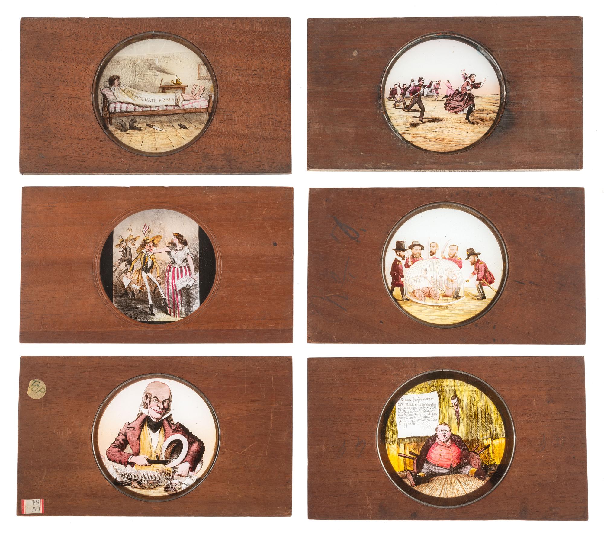 [CIVIL WAR - MAGIC LANTERN SLIDES]. A collection of 148 hand-colored glass slides featuring illustrations of Civil War military and political figures, events, cartoons, genre scenes, and more, including: