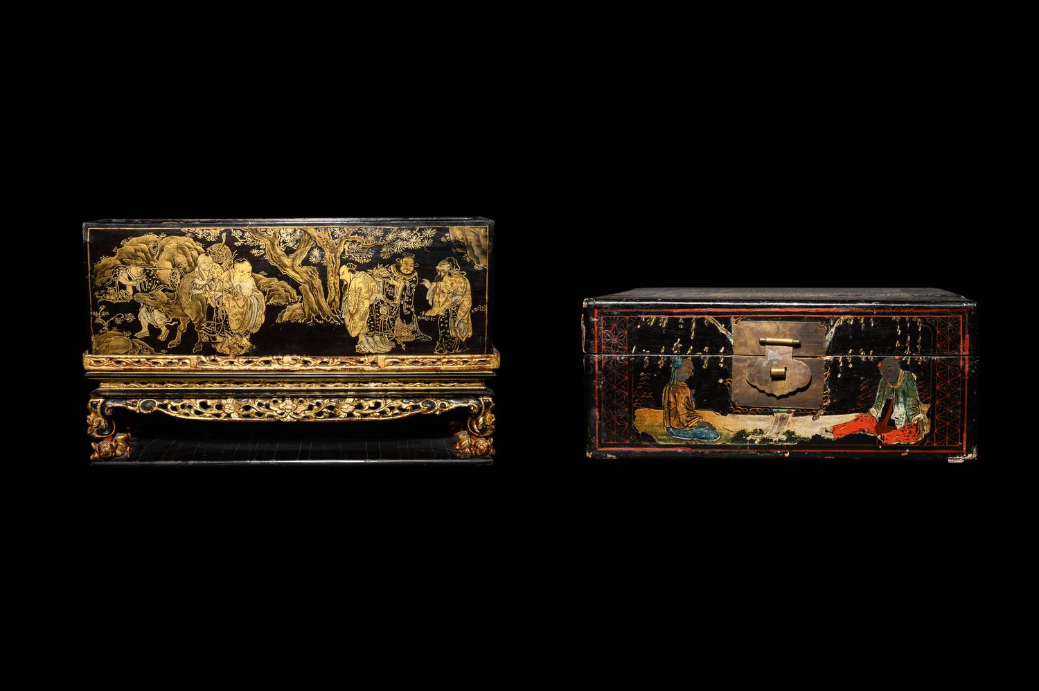Two Gilt Decorated Black Lacquer Covered Boxes