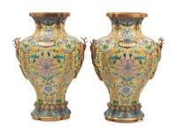 A Pair of Chinese Yellow Ground Cloisonné Enamel Vases