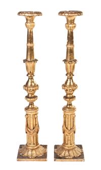 A Pair of Italian Giltwood Pricket Sticks, Height 52 1/4 inches.