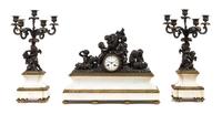 A French Bronze and Marble Three-Piece Clock Garniture Width of clock 22 inches. — FD. VITEAU, 19TH CENTURY