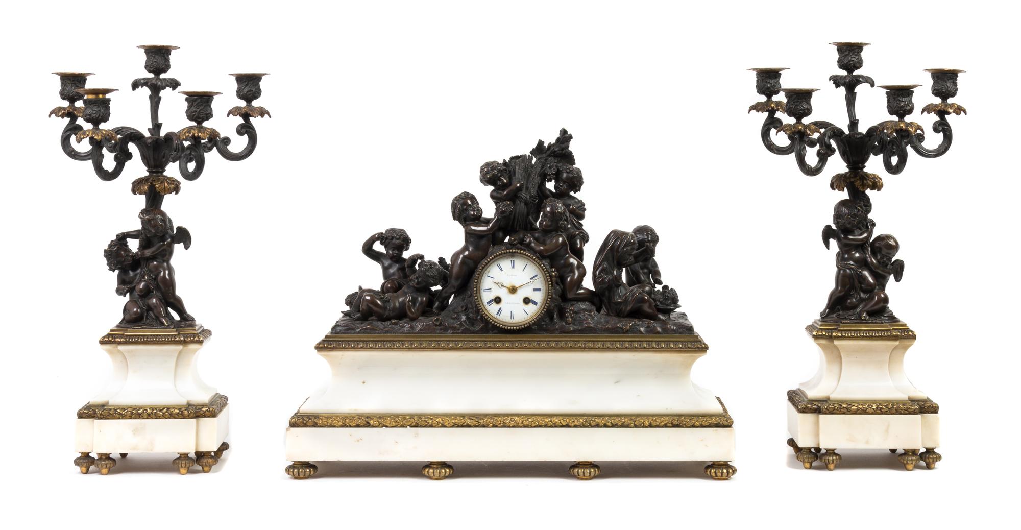 A French Bronze and Marble Three-Piece Clock Garniture Width of clock 22 inches. — FD. VITEAU, 19TH CENTURY