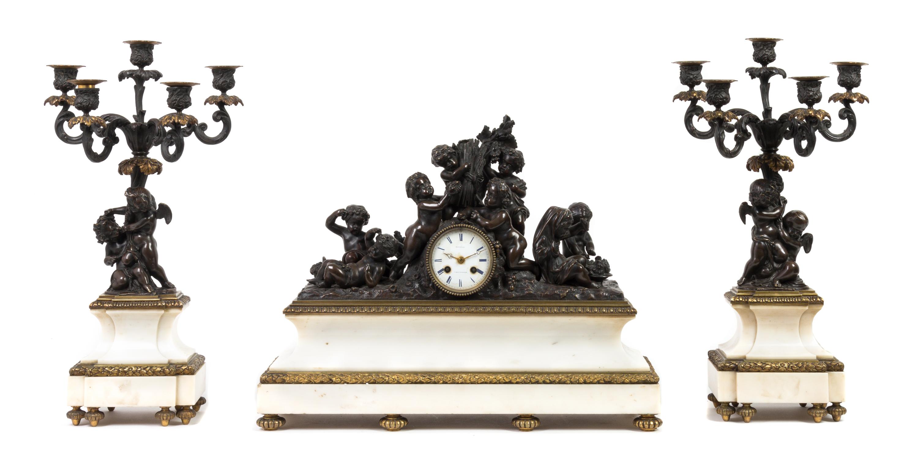 A French Bronze and Marble Three-Piece Clock Garniture Width of clock 22 inches. — FD. VITEAU, 19TH CENTURY