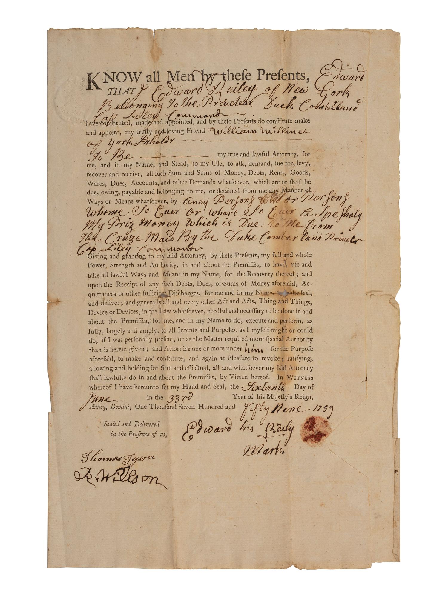 [FRENCH & INDIAN WAR] -- [PRIVATEERS]. A group of 5 documents associated with New York Privateer Captain James Lilley and the British ship he commanded during the French and Indian War, the Duke of Cumberland .