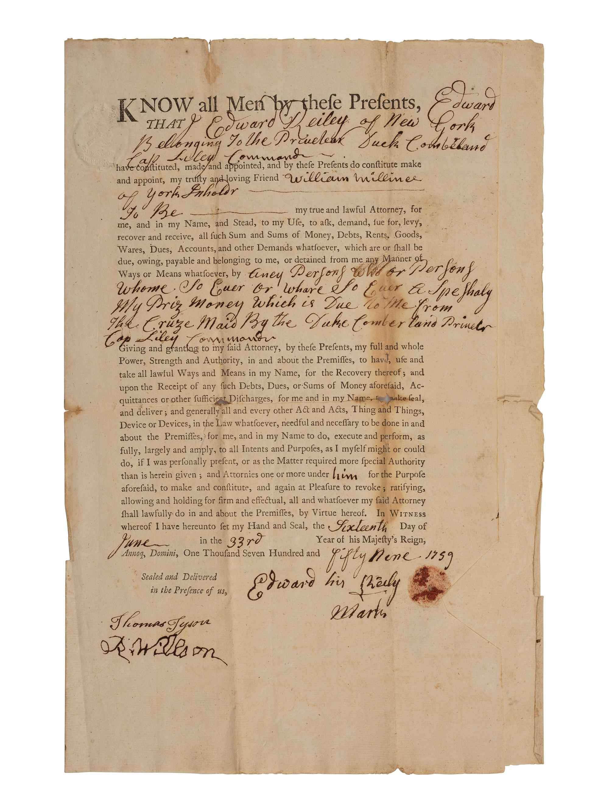 [FRENCH & INDIAN WAR] -- [PRIVATEERS]. A group of 5 documents associated with New York Privateer Captain James Lilley and the British ship he commanded during the French and Indian War, the Duke of Cumberland .