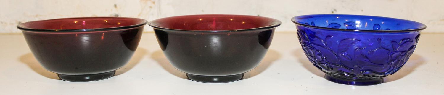 Three Chinese Peking Glass Bowls Diameter of largest 6 1/2 inches.