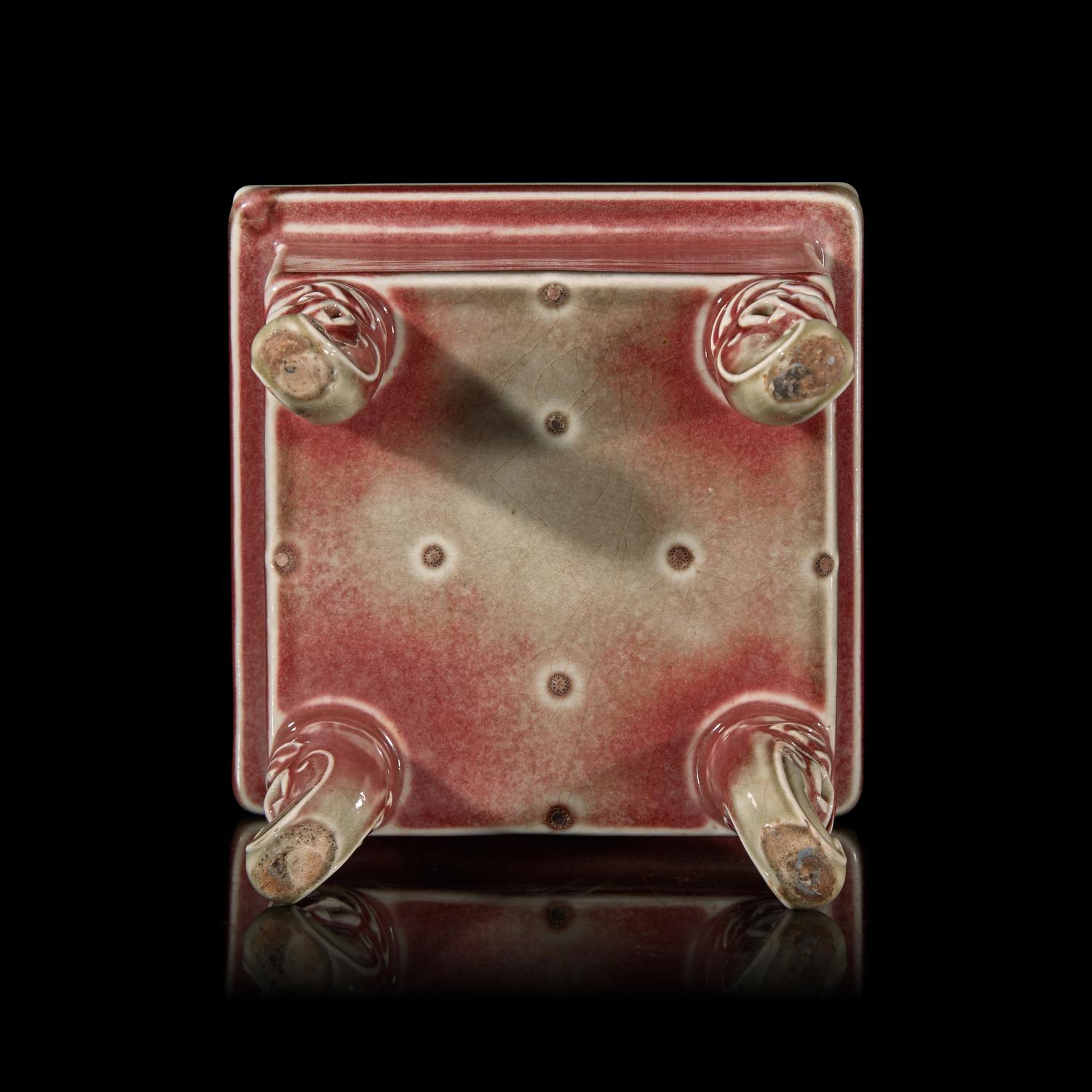 A Chinese Copper-Red Glazed Censer and Cover, Wood Stand 鏤空釉裡紅香爐