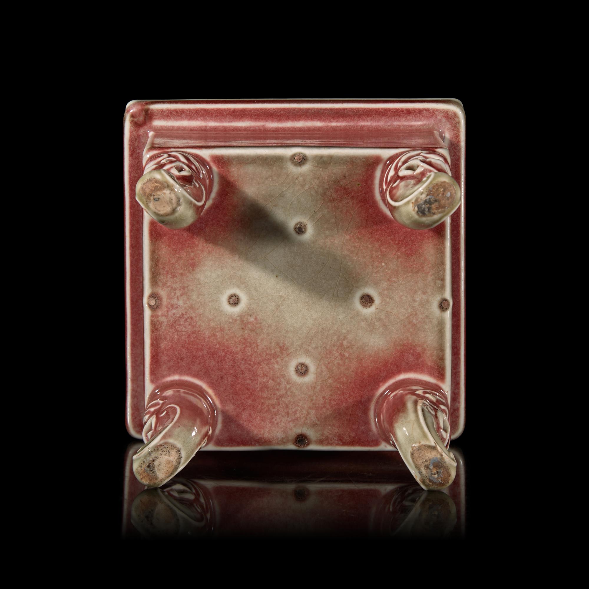 A Chinese Copper-Red Glazed Censer and Cover, Wood Stand 鏤空釉裡紅香爐
