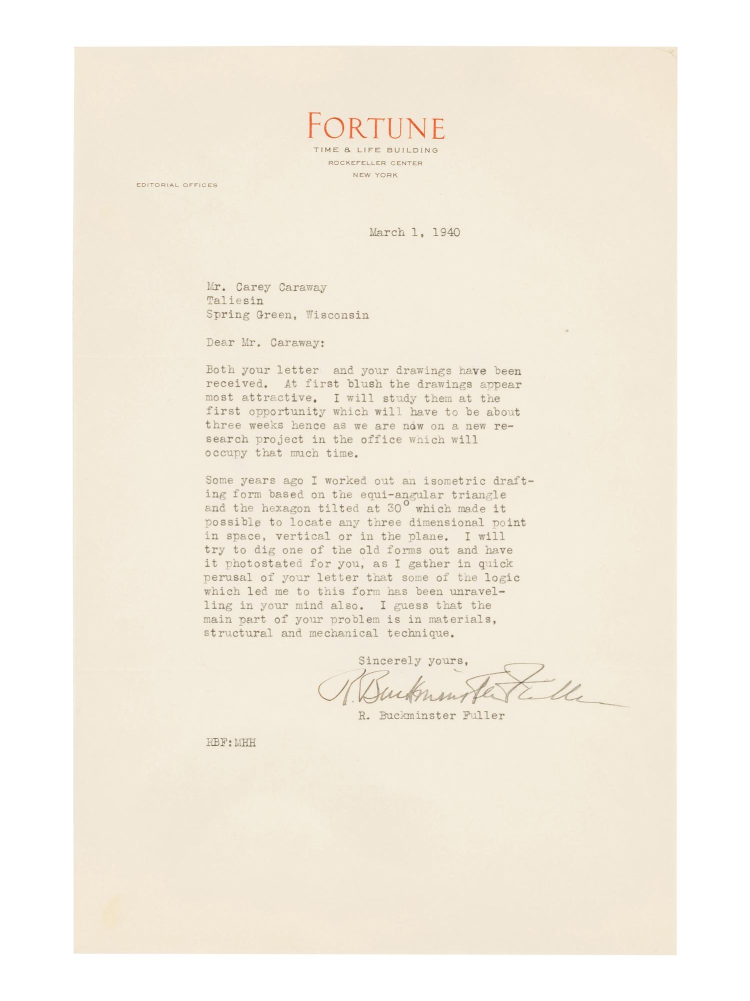FULLER, R. Buckminster (1895-1983). Typed letter signed ("R. Buckminster Fuller"), to Carey Caraway. New York, 1 March 1940.