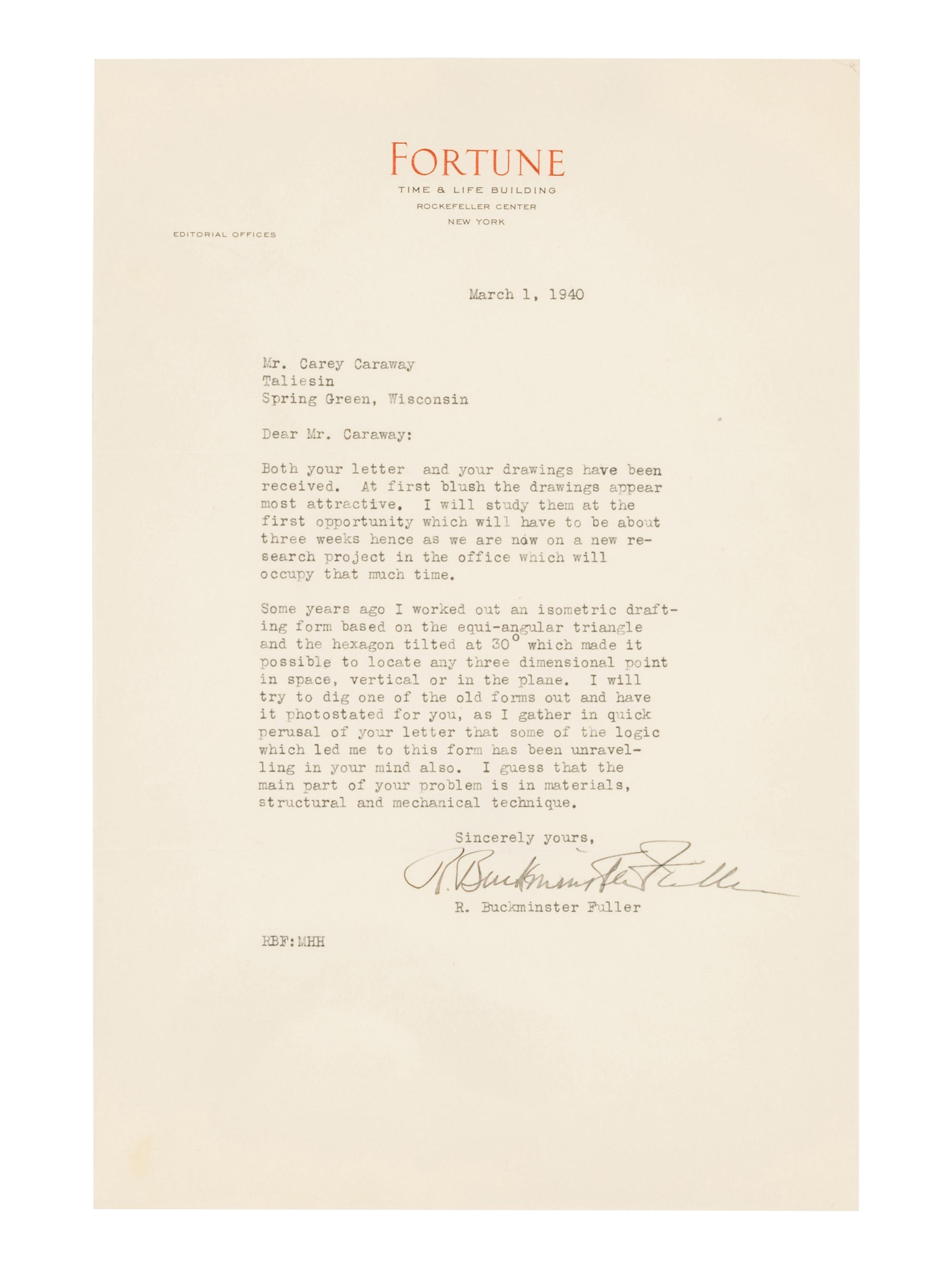 FULLER, R. Buckminster (1895-1983). Typed letter signed ("R. Buckminster Fuller"), to Carey Caraway. New York, 1 March 1940.