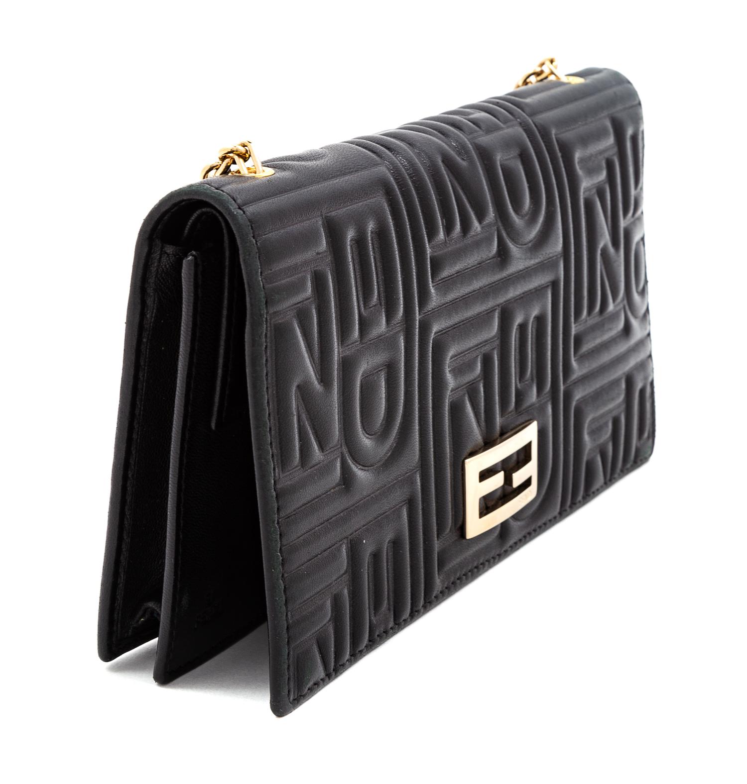 A Fendi Black Monogram Embossed Leather Wallet/Shoulder Bag, 7.5" L x .75" W x 4" H; Chain strap drop: 19".