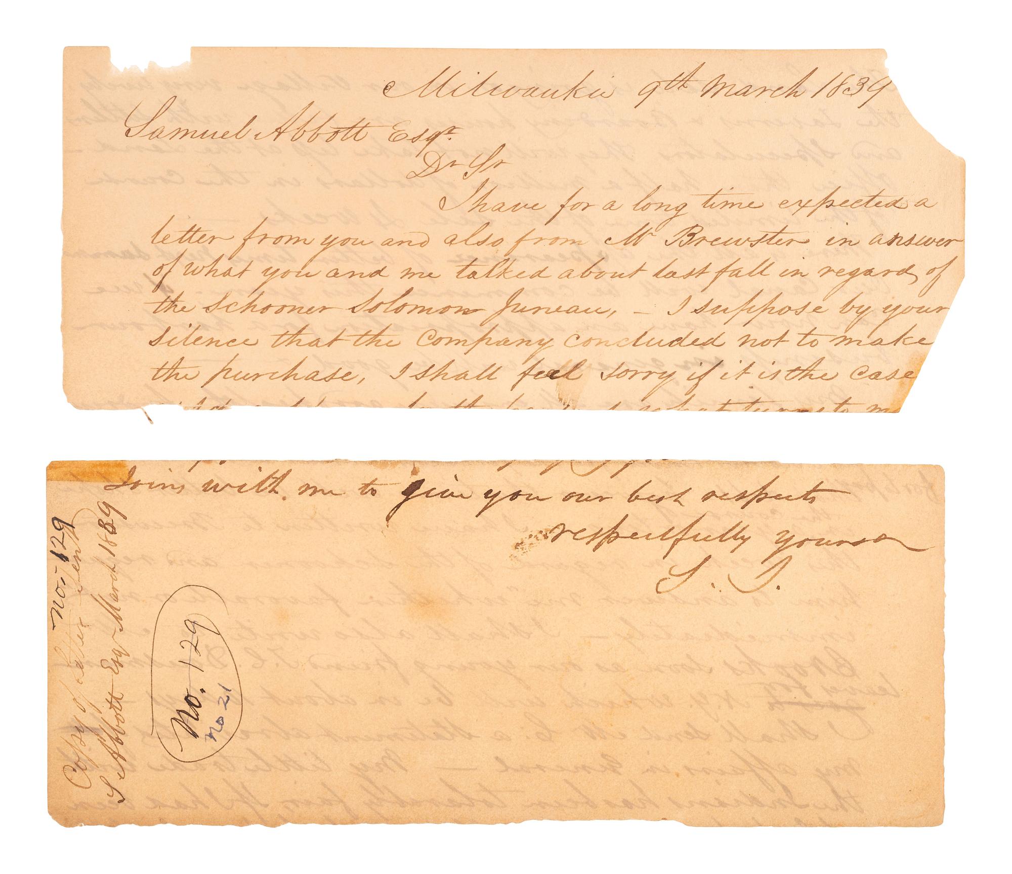 [WISCONSIN TERRITORY] -- JUNEAU, Solomon (1793-1856). Early Wisconsin Territory document signed by fur trader, land speculator, and founder of Milwaukee, Wisconsin, Solomon Juneau.