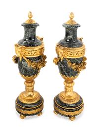 A Pair of Louis XVI Style Gilt Bronze and Marble Urns