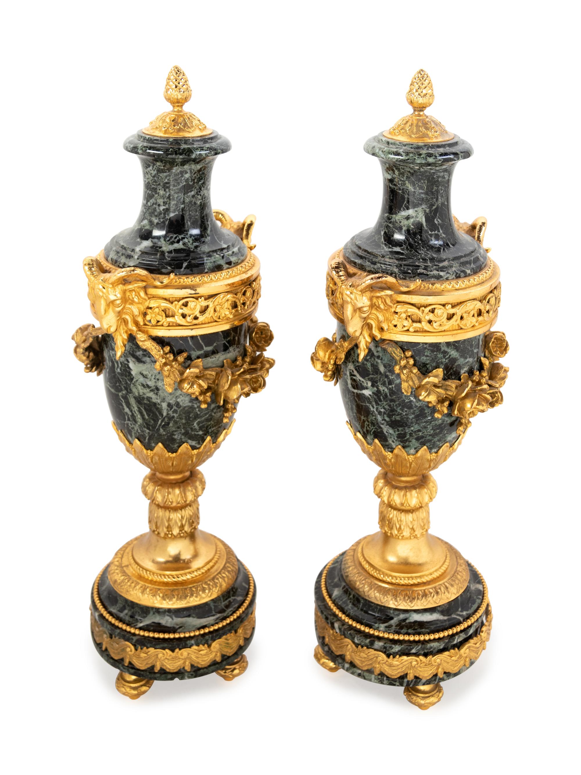 A Pair of Louis XVI Style Gilt Bronze and Marble Urns