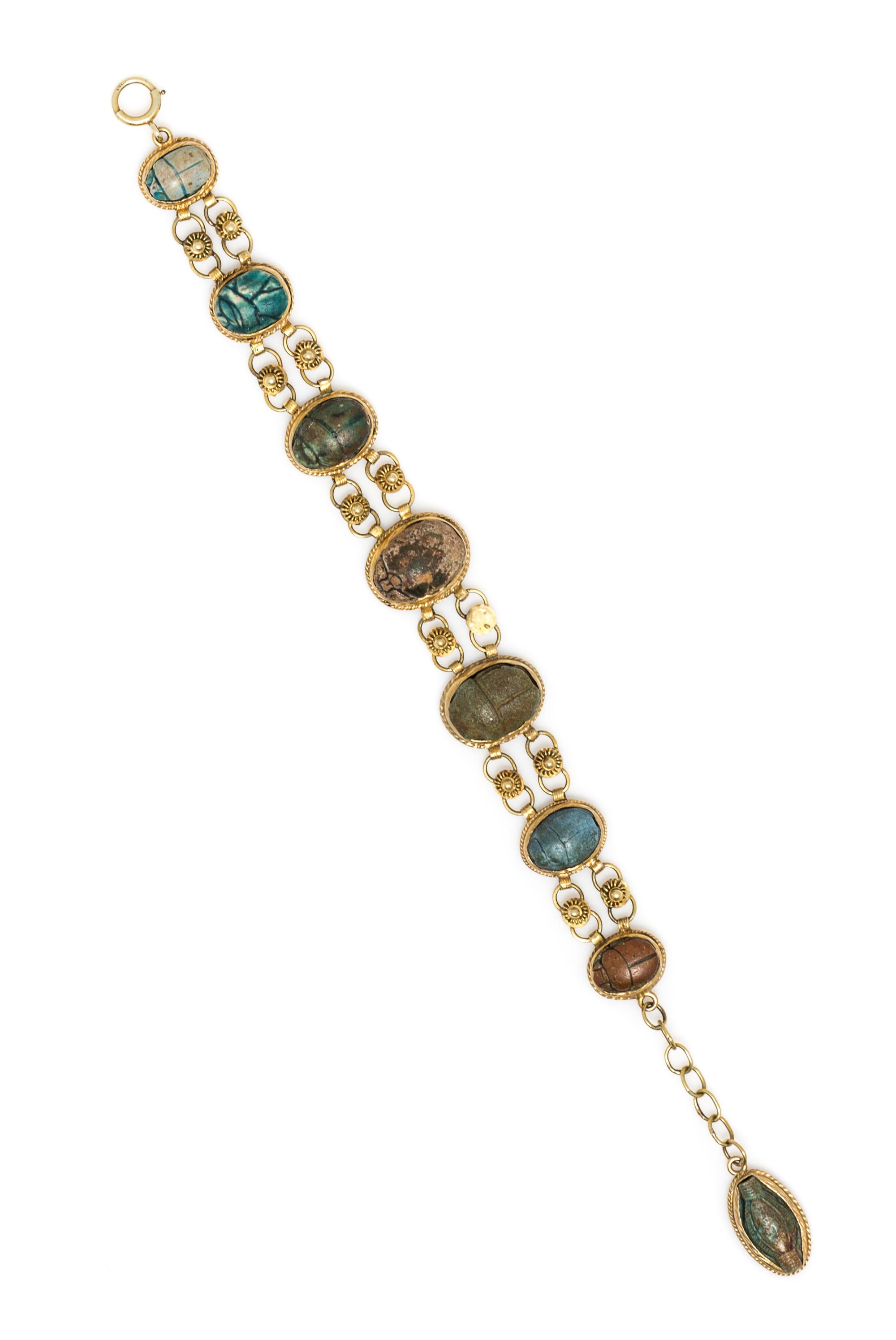 A Yellow Gold, Faience and Hardstone Scarab Bracelet, 15.20 dwts.
