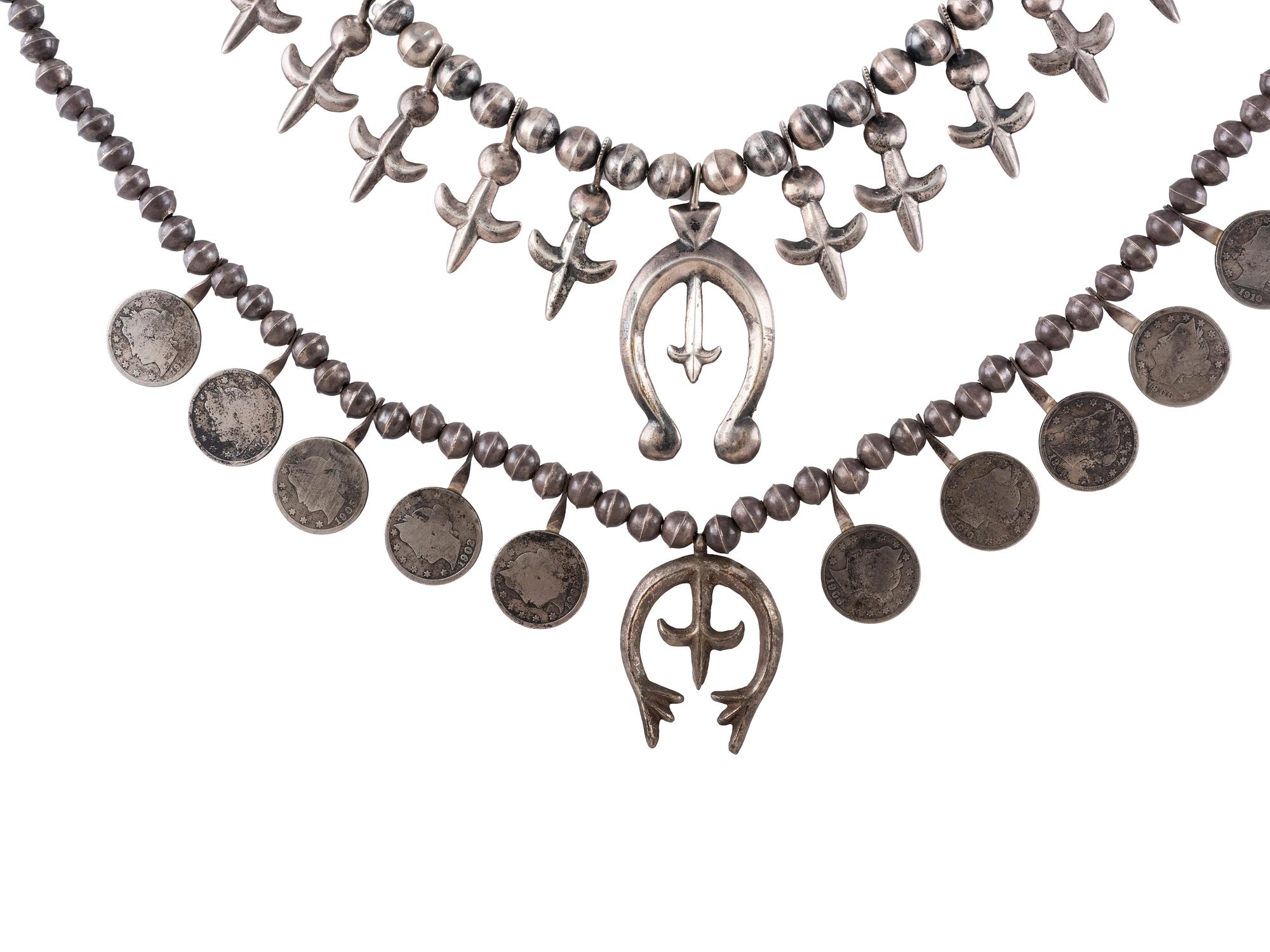Pair of Petite Navajo Silver Squash Blossom Necklaces