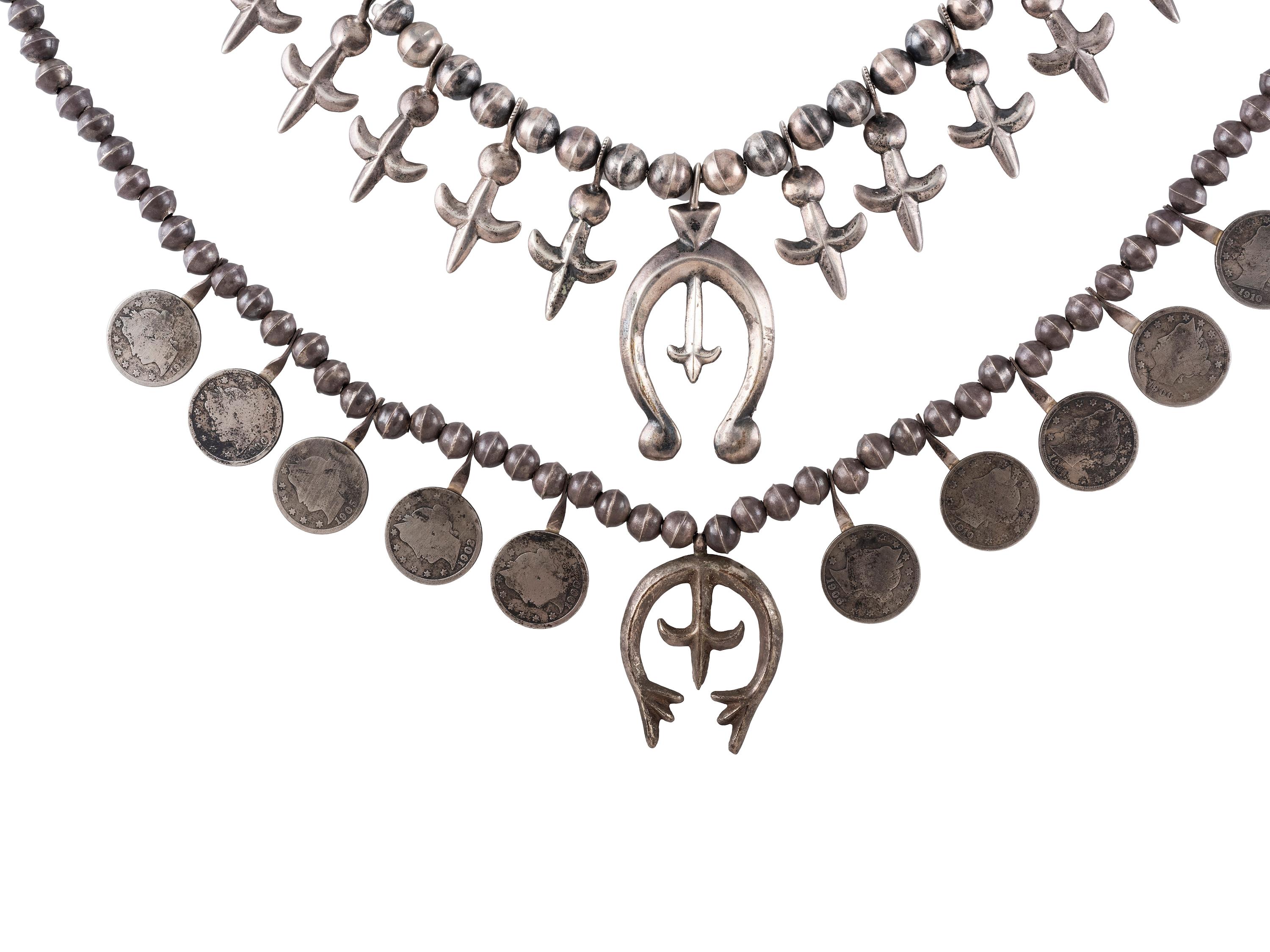 Pair of Petite Navajo Silver Squash Blossom Necklaces