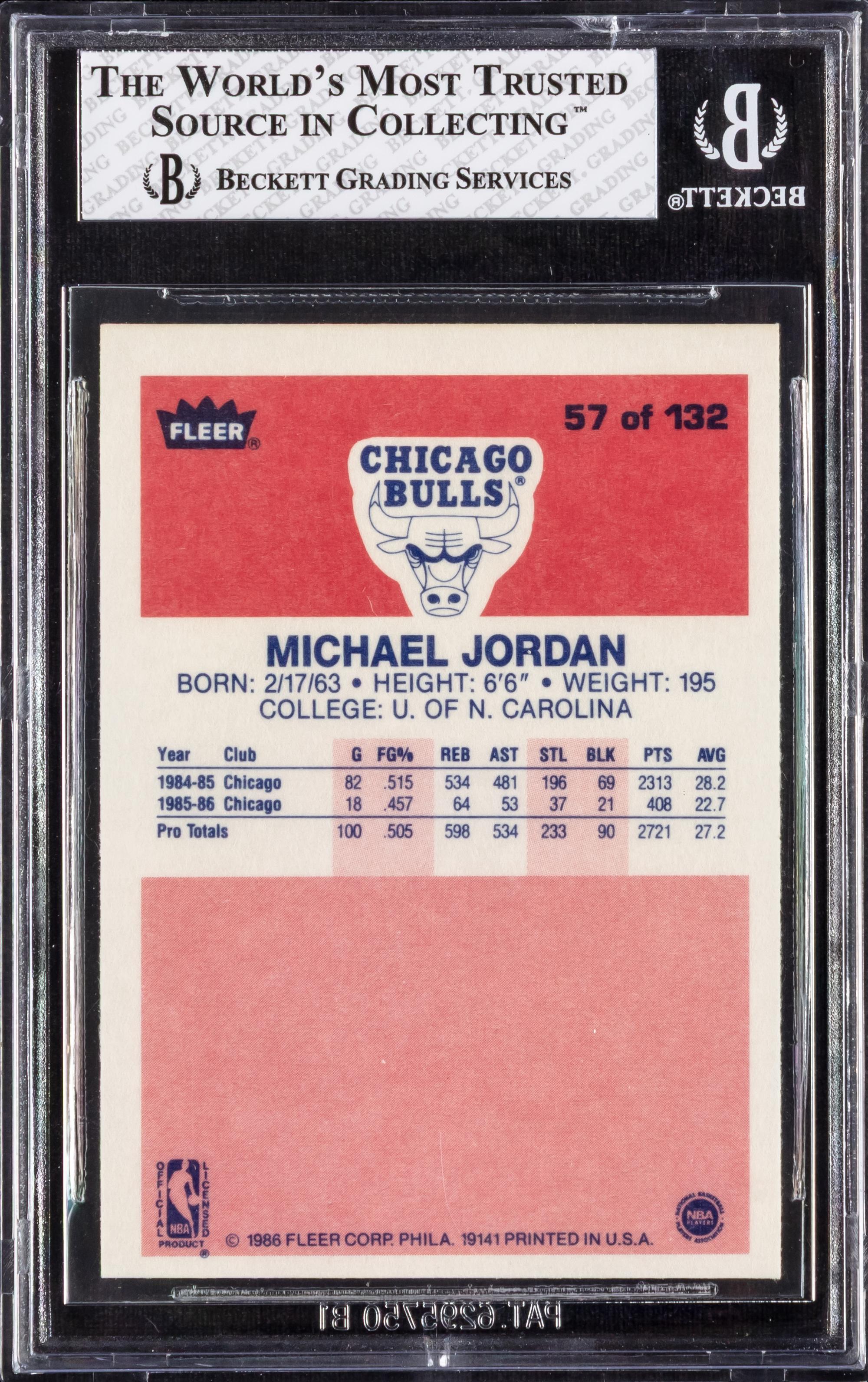 A 1986-87 Fleer Michael Jordan Rookie Basketball Card No. 57 (BGS 7 NM)