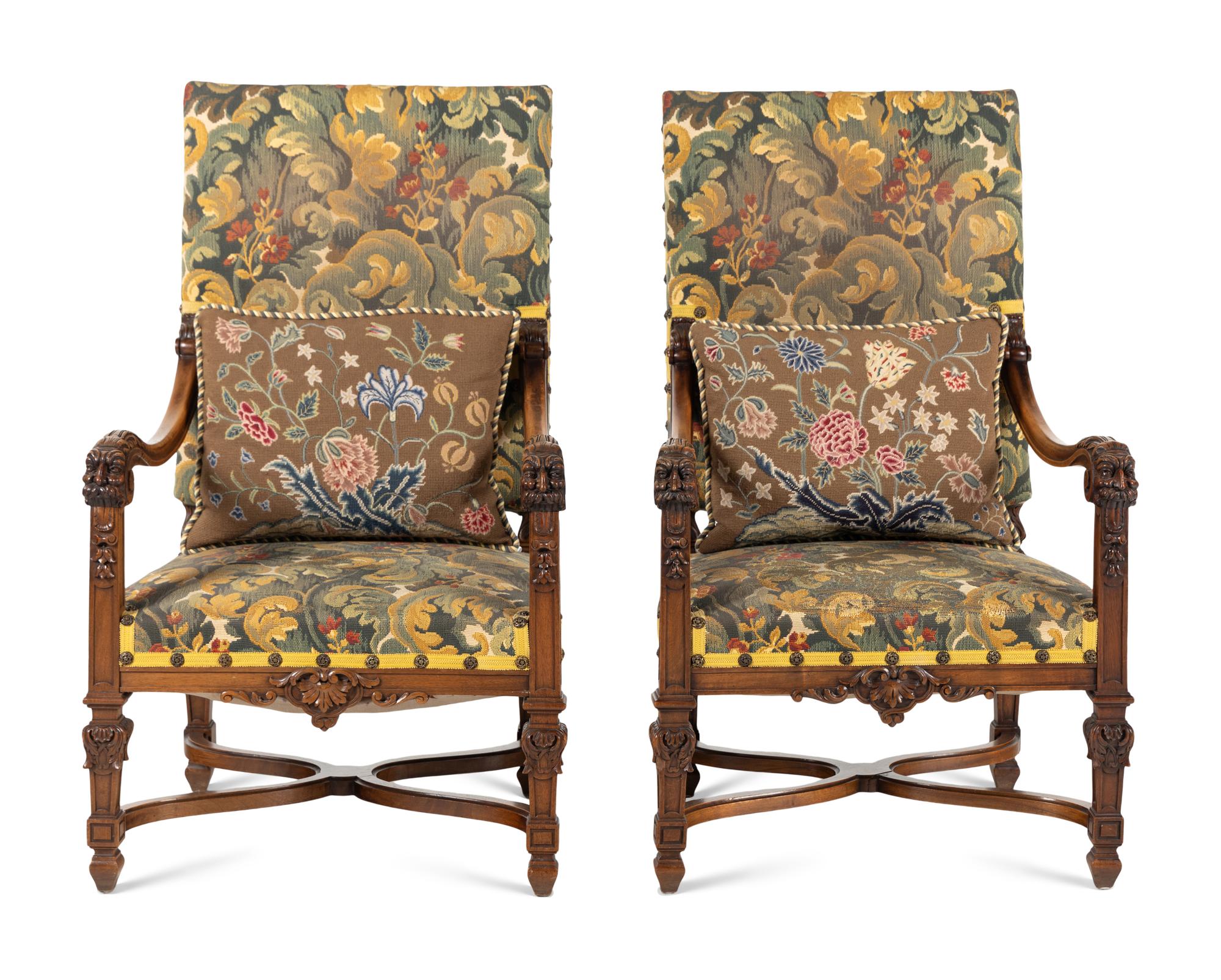 A Pair of Flemish Baroque Style Walnut Armchairs