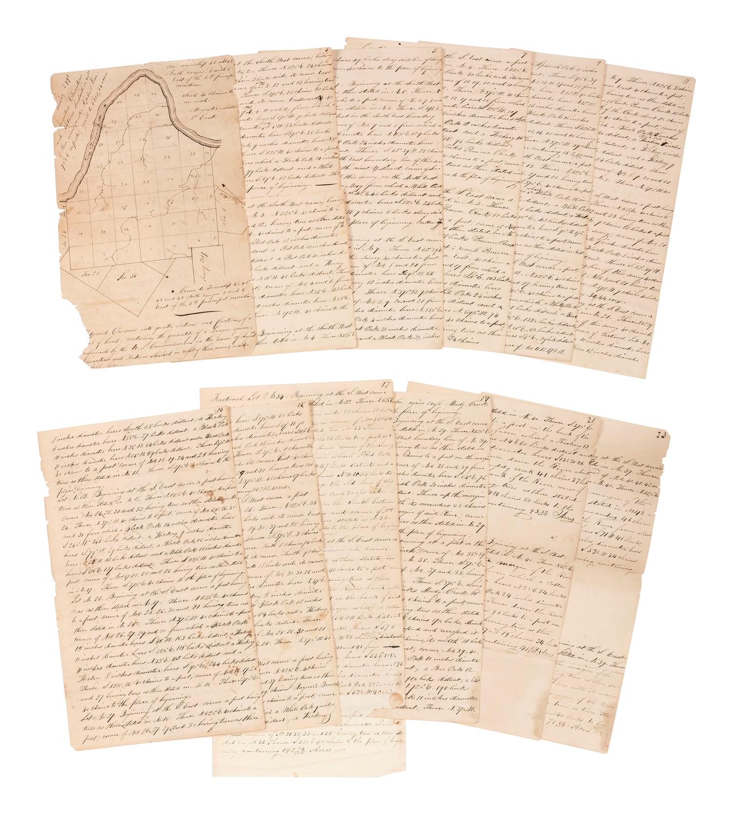 [WESTERN AMERICANA]. Manuscript survey of 6,000 acres near St. Louis owned by descendants of early Missouri settlers and brothers-in-law, Auguste Chouteau and Antoine Soulard, 1837.