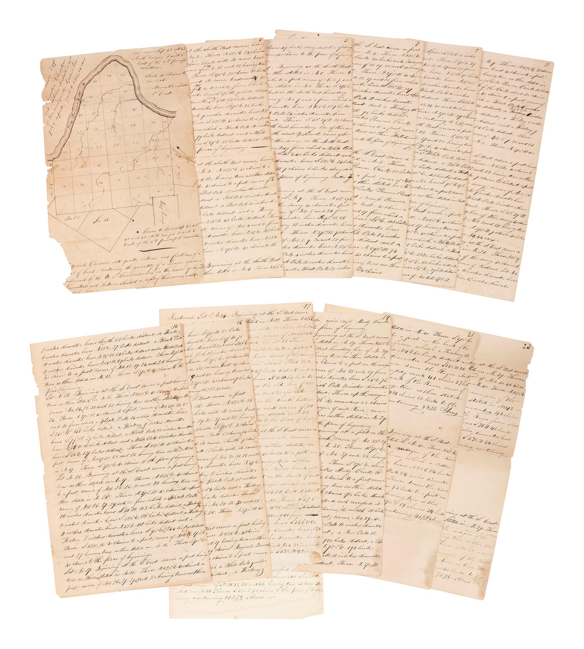 [WESTERN AMERICANA]. Manuscript survey of 6,000 acres near St. Louis owned by descendants of early Missouri settlers and brothers-in-law, Auguste Chouteau and Antoine Soulard, 1837.
