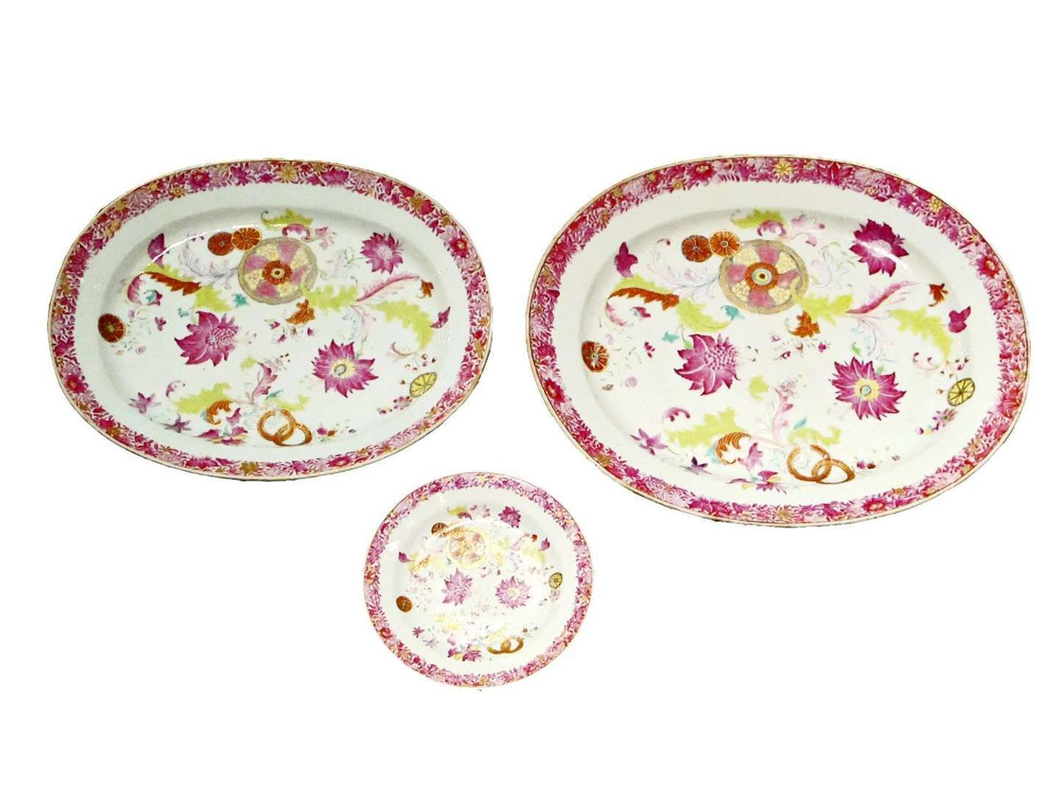 Two Chinese Export porcelain Famille Rose "Pseudo Tobacco Leaf" platters qianlong, circa 1785