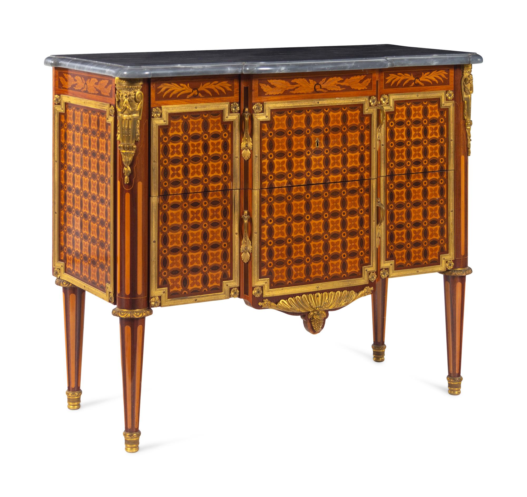 A Pair of Louis XVI Style Gilt Bronze Mounted Marquetry and Parquetry Marble-Top Commodes