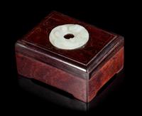 A Celadon Jade Inset Hardwood Box Length of box 4 1/2 inches.
