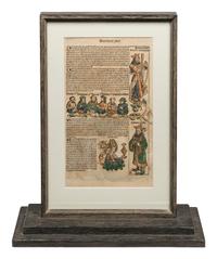 [LEAVES -- INCUNABULA] -- [SCHEDEL, Hartmann]. Two Incunabula leaves with hand-coloring from the Liber Chonicarum , or Nuremberg Chronicle . [Nuremberg, 1493].