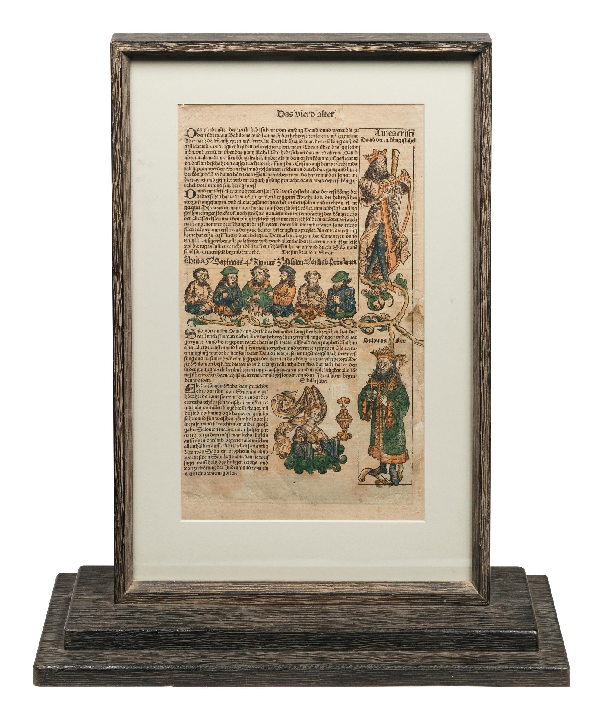[LEAVES -- INCUNABULA] -- [SCHEDEL, Hartmann]. Two Incunabula leaves with hand-coloring from the Liber Chonicarum , or Nuremberg Chronicle . [Nuremberg, 1493].