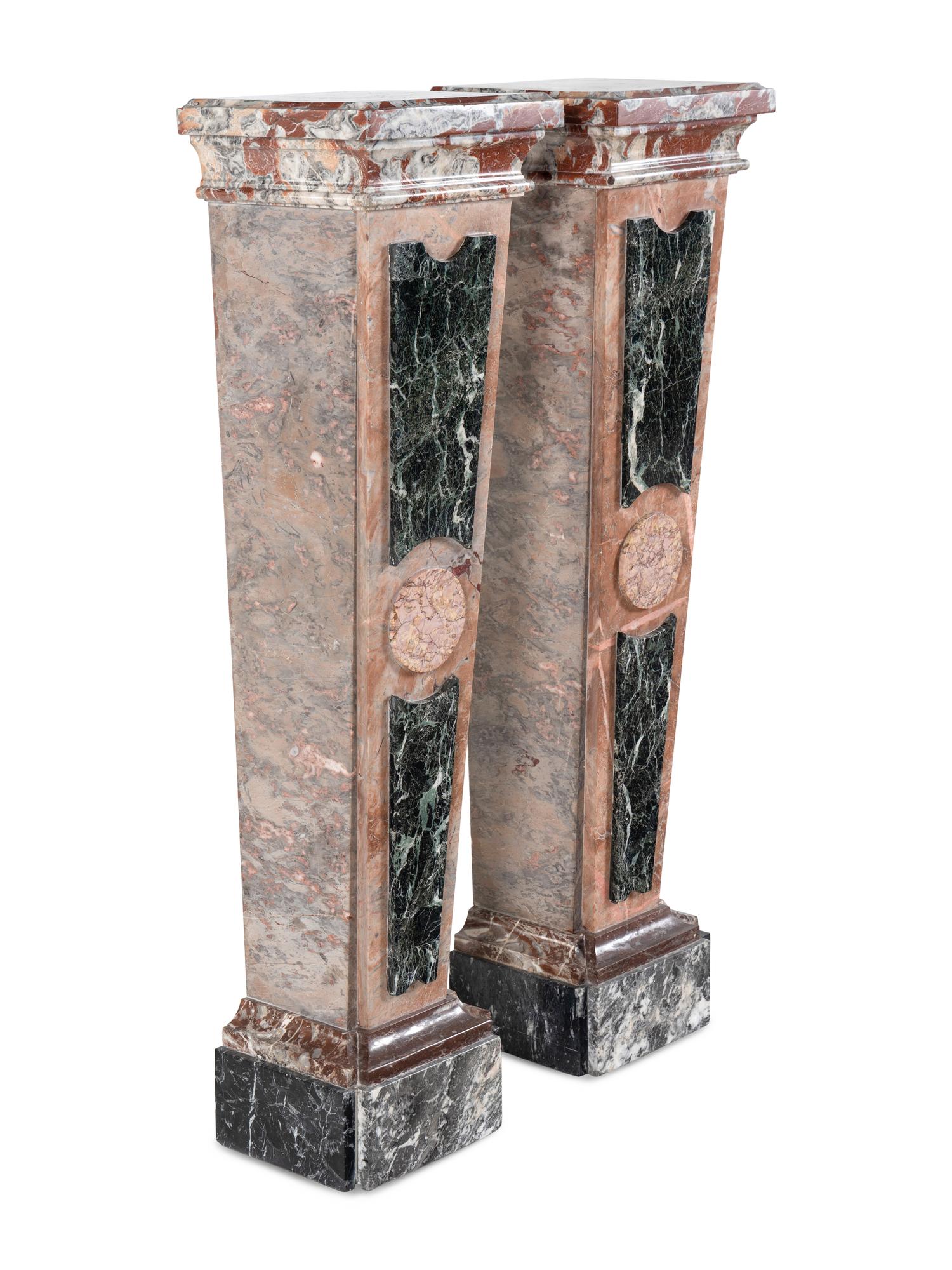 A Pair of Italian Incarnat , Vert de Mer and Fleur de Peche Marble Pedestals