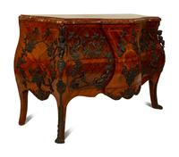 A Louis XV Style Parquetry Bombe Commode with Bronze Mounts and Marble Top — 19TH CENTURY