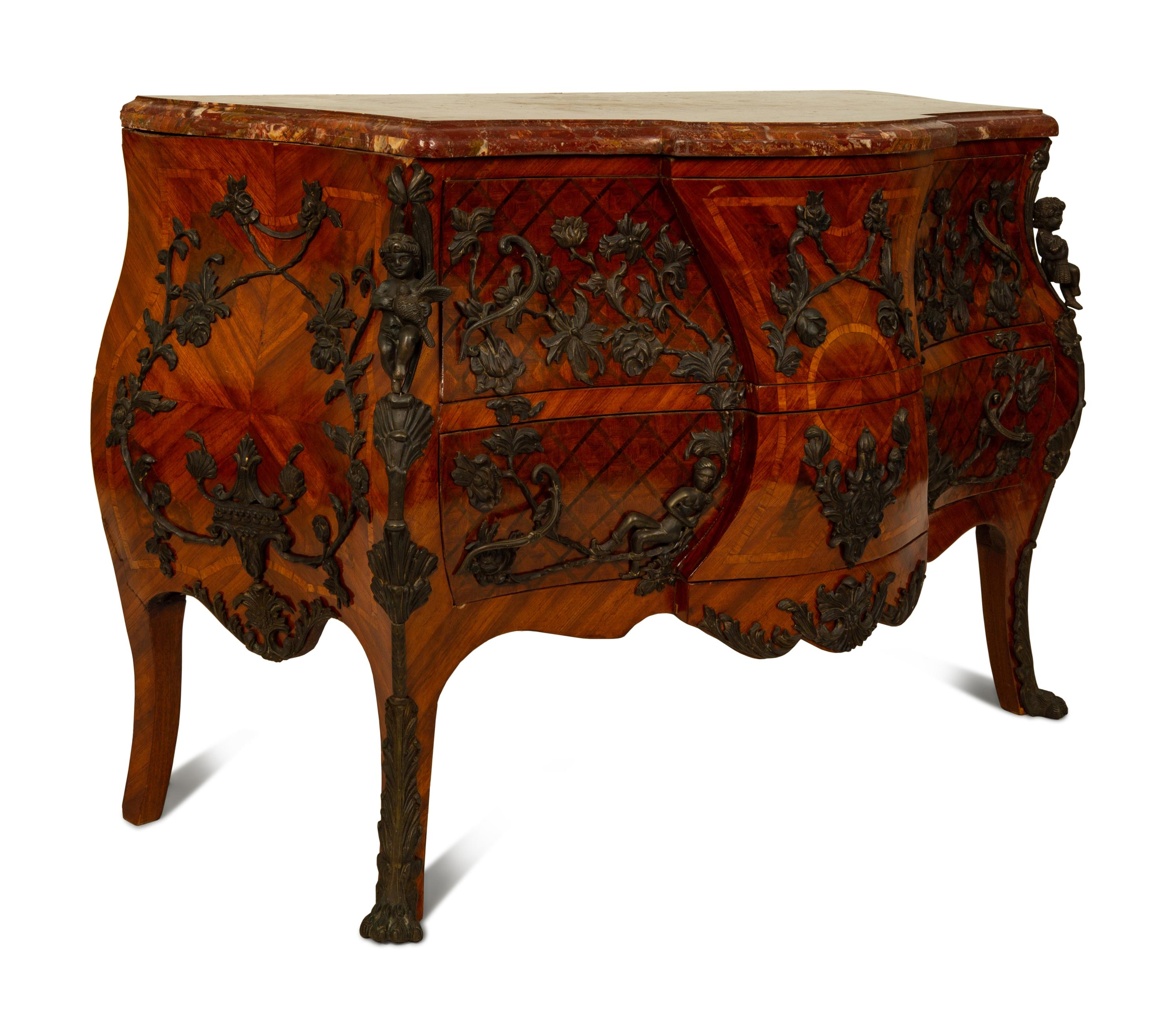 A Louis XV Style Parquetry Bombe Commode with Bronze Mounts and Marble Top — 19TH CENTURY