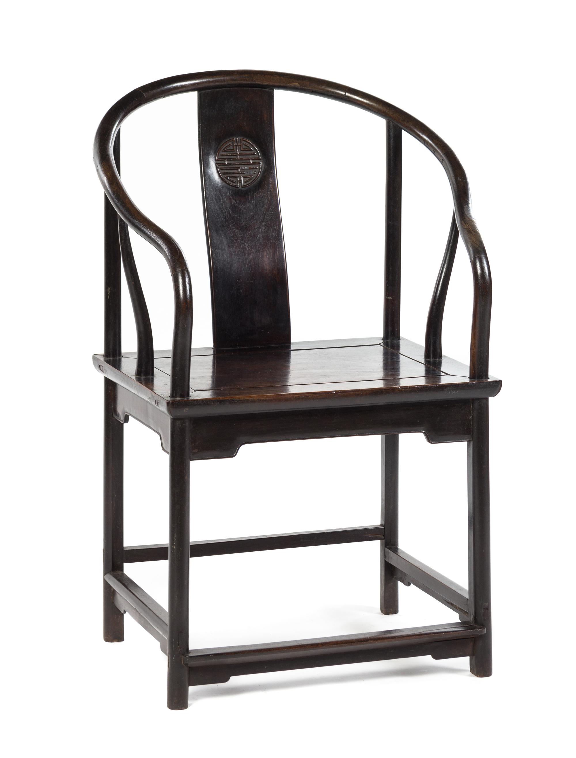 A Chinese Hardwood Horseshoe Back Armchair, Quanyi 19TH CENTURY OR EARLIER Height 39 1/2 inches. — 19TH CENTURY OR EARLIER