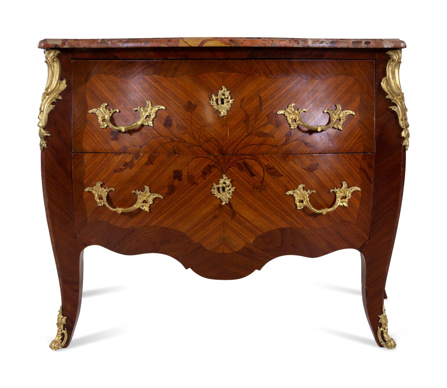 A Louis XV Style Gilt Bronze Mounted Kingwood and Sans Traverse Marquetry Marble-Top Bombe Commode