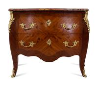 A Louis XV Style Gilt Bronze Mounted Kingwood and Sans Traverse Marquetry Marble-Top Bombe Commode