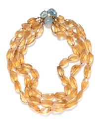 A 14 Karat Yellow Gold, Citrine, Aquamarine and Cultured Pearl Bead Necklace,