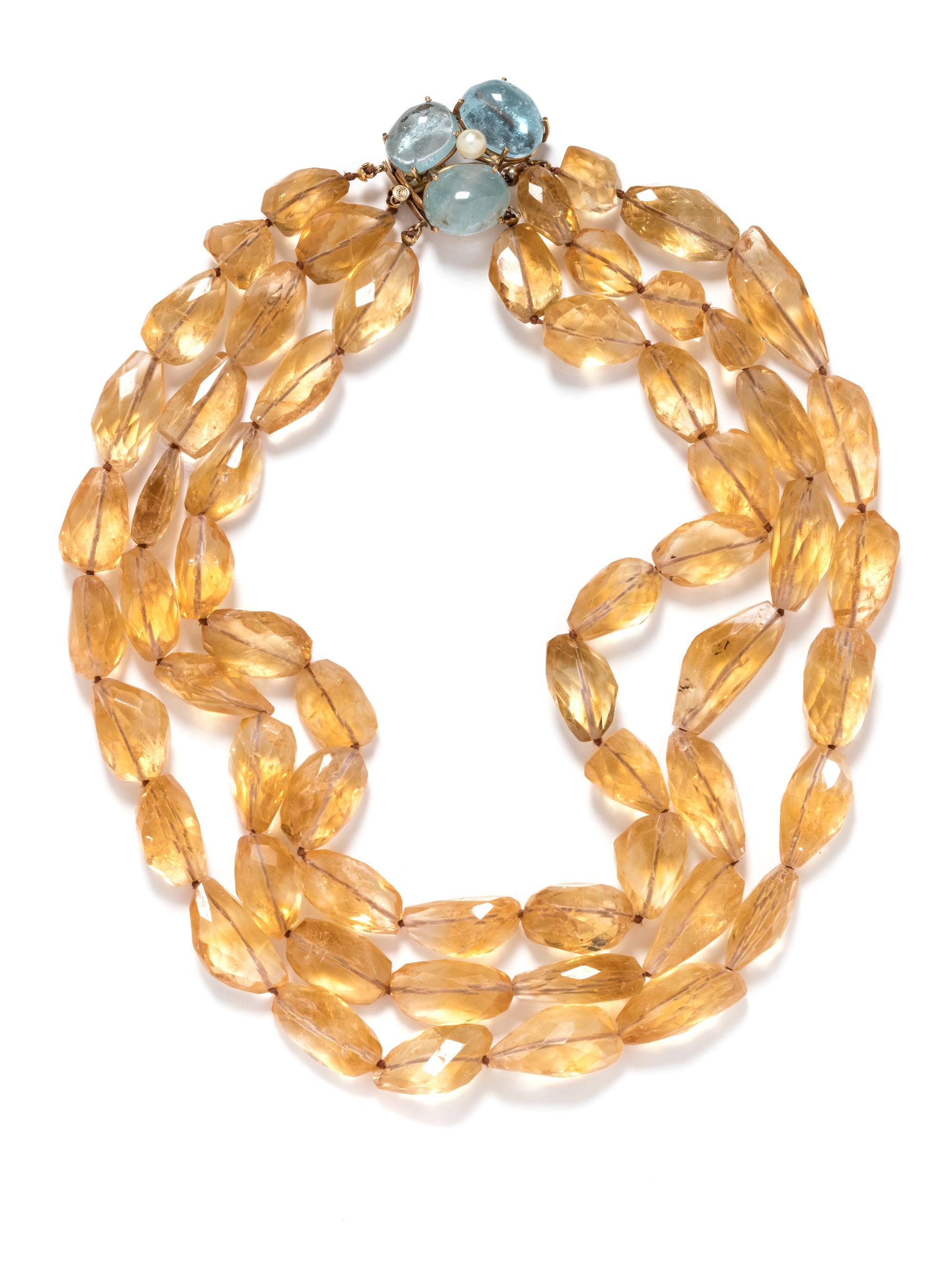 A 14 Karat Yellow Gold, Citrine, Aquamarine and Cultured Pearl Bead Necklace,