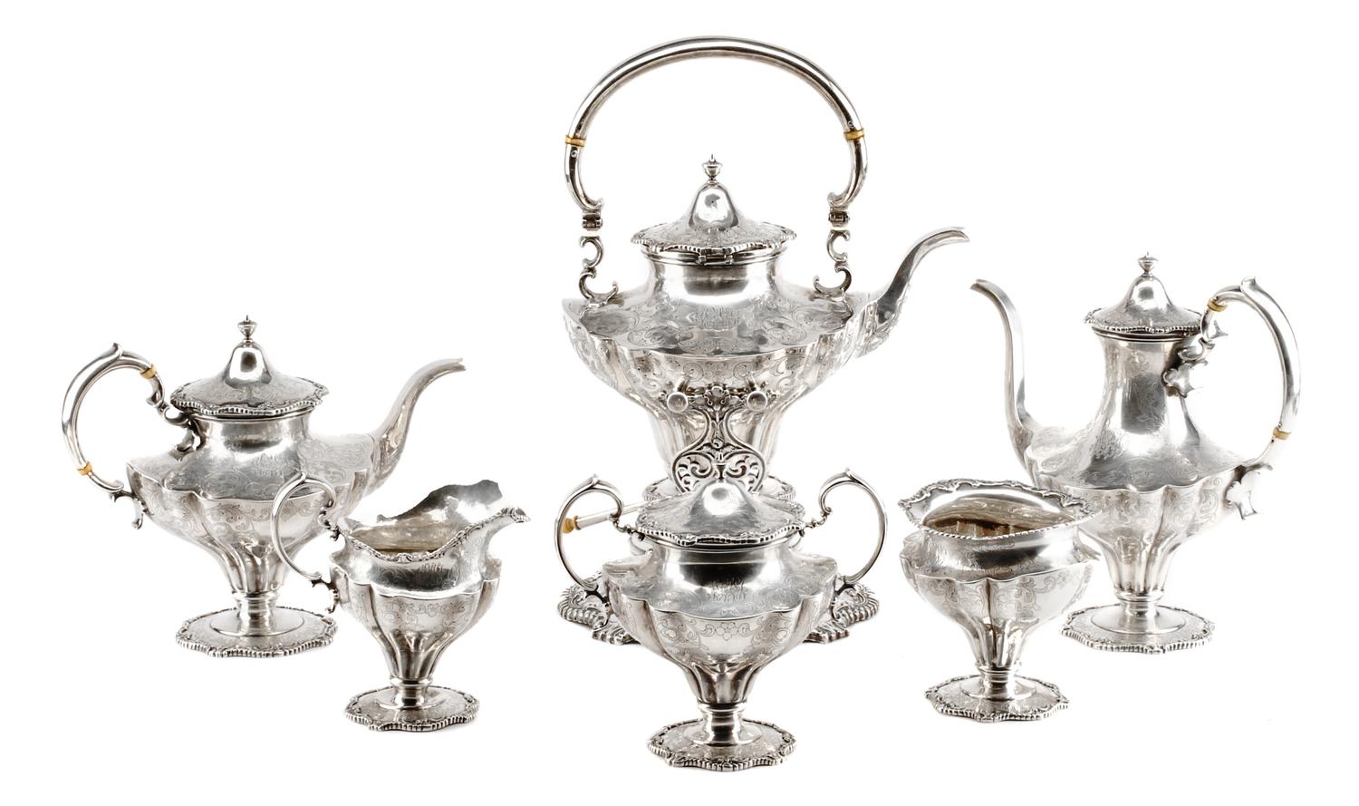 An American Sliver Six-Piece Tea and Coffee Service, Davis & Galt, Philadelphia, PA, Late 19th Century, comprising a water kettle-on-st